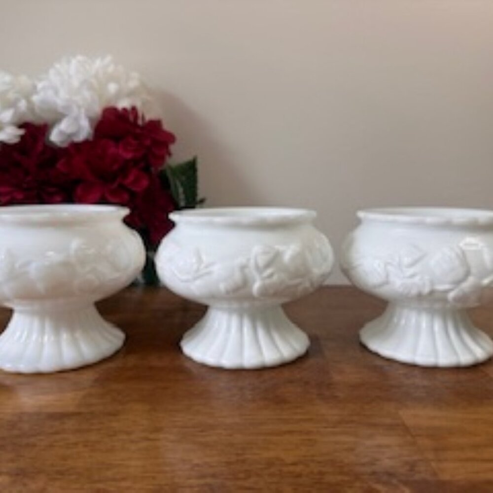 Vintage Milk Glass Pedestal Planters Set of 3 Raised Rose Leaf Design Wedding Ce